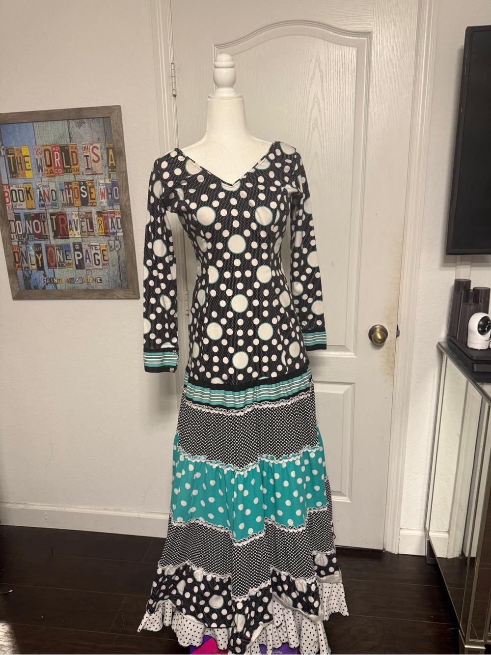 Polka Dot Long Sleeve flamenco Dress in Black. White  & Teal